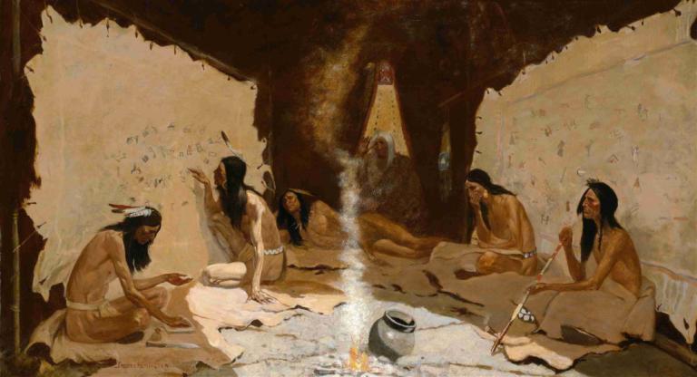 Historians of the Tribe,Historiker av stammen,Frederic Remington,Oljemålning,Oljemålning, konstparodi