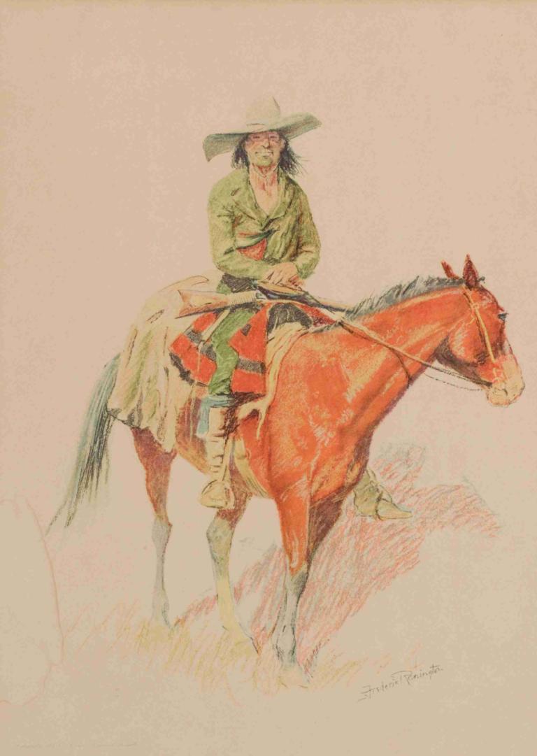 Old Ramon,Frederic Remington,Illustration,Illustration, riding, horse, horseback riding, hat, 1boy, solo