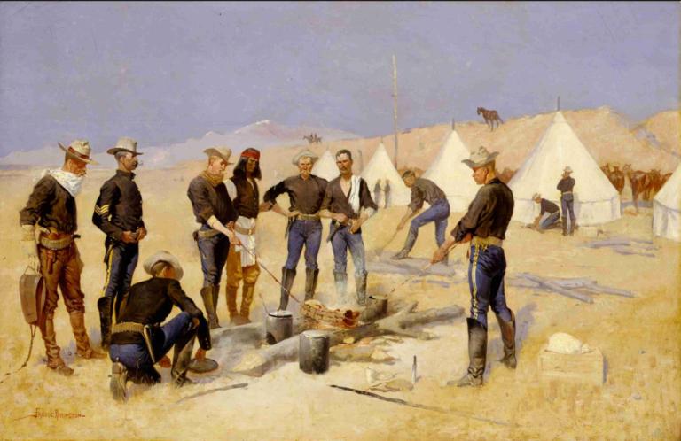 Roasting the Christmas Beef in a Cavalry Camp,Frederic Remington,Oil Painting,Oil Painting, cowboy hat