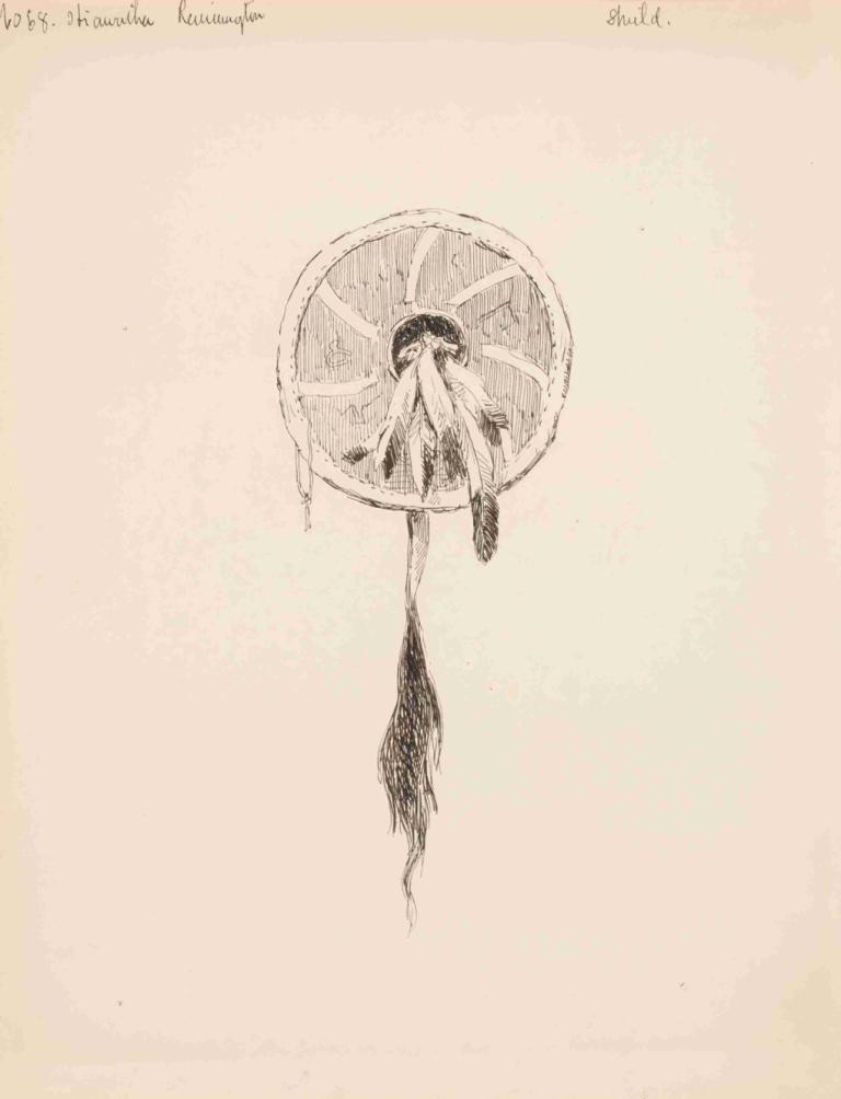 Shield, illustration for The Song of Hiawatha,Frederic Remington,Sketch,Sketch, 1girl, solo, monochrome