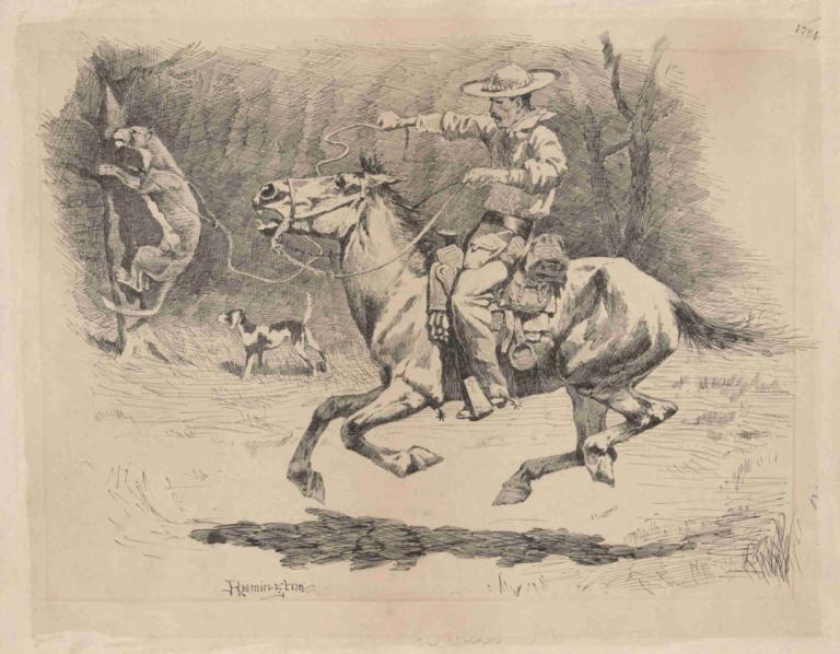 Spurring His Horse in Pursuit,Att sporra sin häst i strävan,Frederic Remington,Kopparplåt Etsning