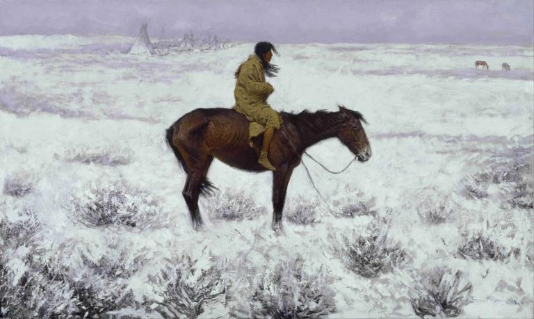 The Herd Boy,Herdpojken,Frederic Remington,Oljemålning,Oljemålning, ridning, häst, snö, 1 pojke, svart hår