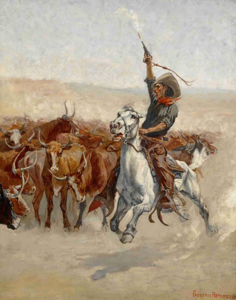 The Round-Up,Sammanfattningen,Frederic Remington,Oljemålning,Oljemålning, häst, vapen, ridning, ridning