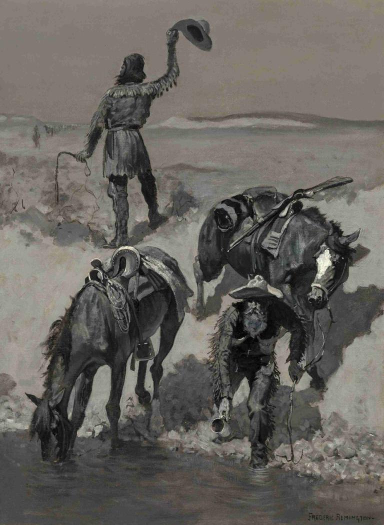 Water!,Vatten!,Frederic Remington,Kopparplåt Etsning,Kopparplåt Etsning, innehav, hatt, ridning, flera pojkar