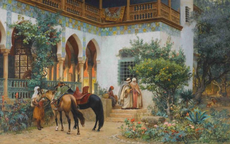 A North African Courtyard,北アフリカの中庭,Frederick Arthur Bridgman,フレデリック・アーサー・ブリッジマン,油絵,油絵, 馬, 木, 複数の男の子, 屋外