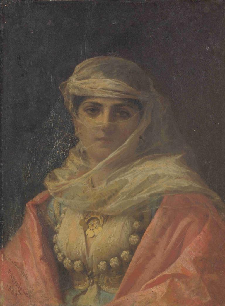 A Turkish Beauty,Frederick Arthur Bridgman,Oil Painting,Oil Painting, solo, jewelry, necklace, beads