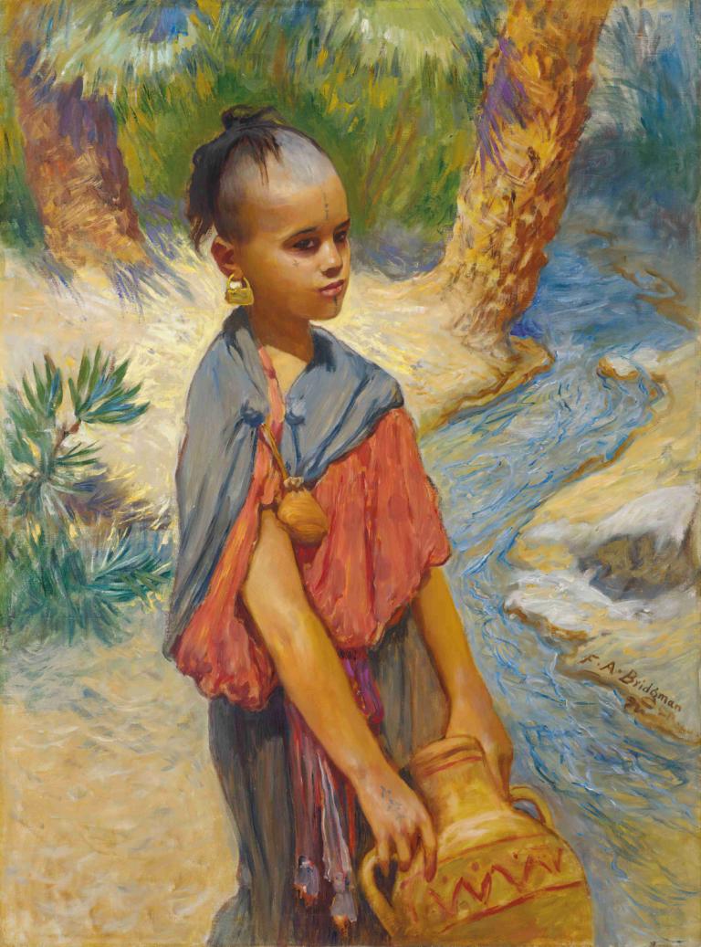 A young girl by a river,川辺の少女,Frederick Arthur Bridgman,フレデリック・アーサー・ブリッジマン,油絵,油絵, 1女の子, ソロ, ジュエリー, イヤリング, 木