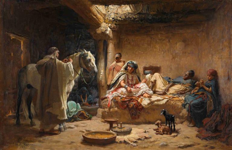 An Interior In Biskra,ビスクラのインテリア,Frederick Arthur Bridgman,フレデリック・アーサー・ブリッジマン,油絵,油絵, 美術パロディ, 複数の男の子, 馬, 屋内で