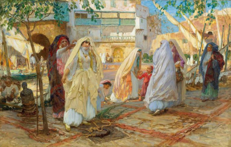 Après La Fête;-Port D'alger ,Frederick Arthur Bridgman,Oil Painting,Oil Painting, outdoors, tree