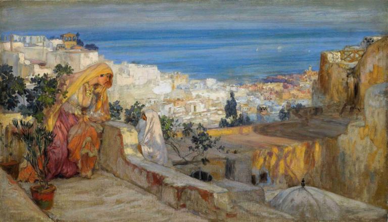 Arab Women On A Rooftop, Algiers Beyond,Frederick Arthur Bridgman,Oil Painting,Oil Painting, 1girl