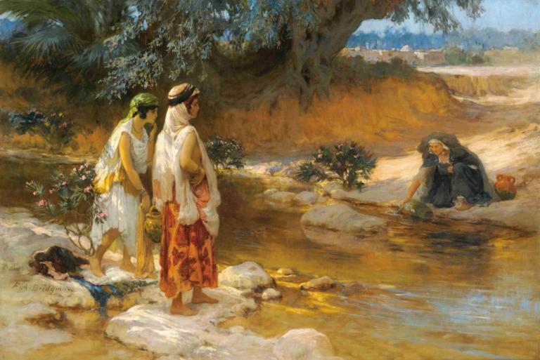 At The Water's Edge,Frederick Arthur Bridgman,Oil Painting,Oil Painting, outdoors, tree, multiple girls