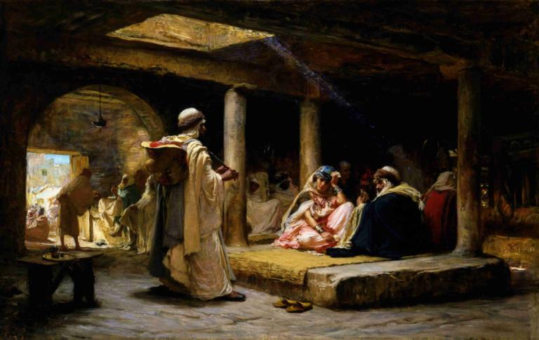 Cafe at Biskra, Algeria,アルジェリア、ビスクラのカフェ,Frederick Arthur Bridgman,フレデリック・アーサー・ブリッジマン,油絵,油絵, 美術パロディ, 複数の男の子