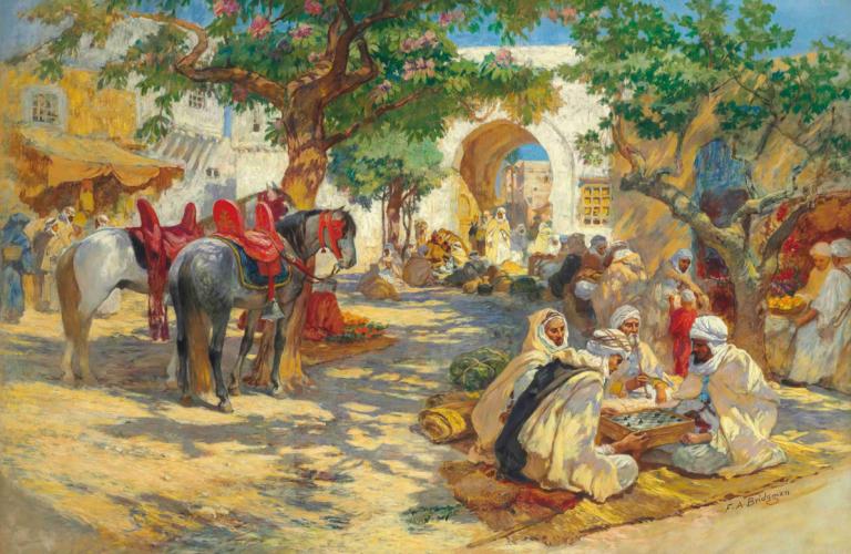 Chess Players, Biskra,Shakinpelaajat, Biskra,Frederick Arthur Bridgman,Öljymaalaus,Öljymaalaus, puu, ruokaa