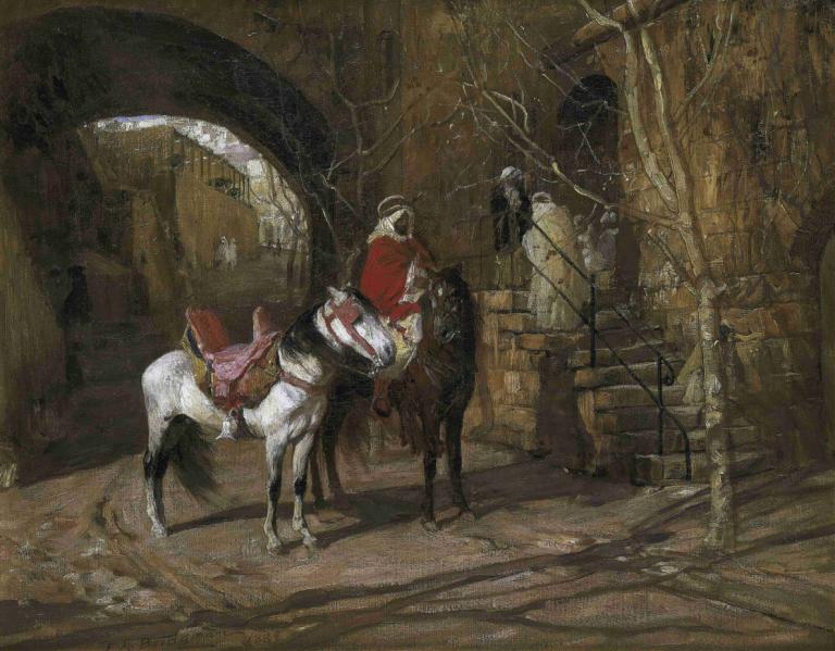 Horseman In A Courtyard,Reiter in einem Innenhof,Frederick Arthur Bridgman,Ölgemälde,Ölgemälde