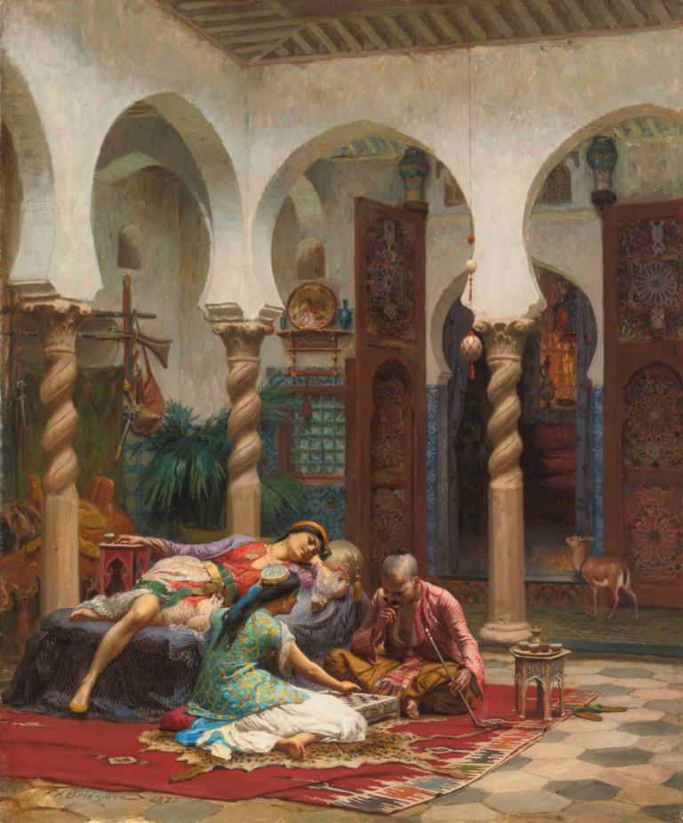 Idle Moments,Frederick Arthur Bridgman,Oil Painting,Oil Painting, fine art parody, multiple girls, barefoot