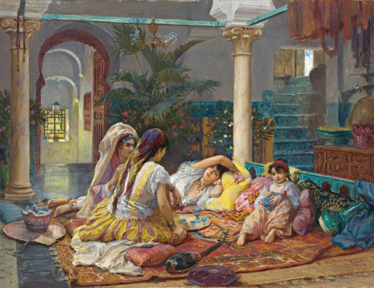 In The Harem,Frederick Arthur Bridgman,Oil Painting,Oil Painting, multiple girls, pillar, carpet, long hair