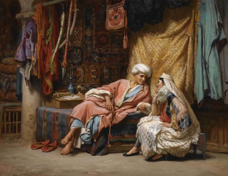 In The Souk, Tunis,Frederick Arthur Bridgman,Oil Painting,Oil Painting, fine art parody, barefoot, sitting