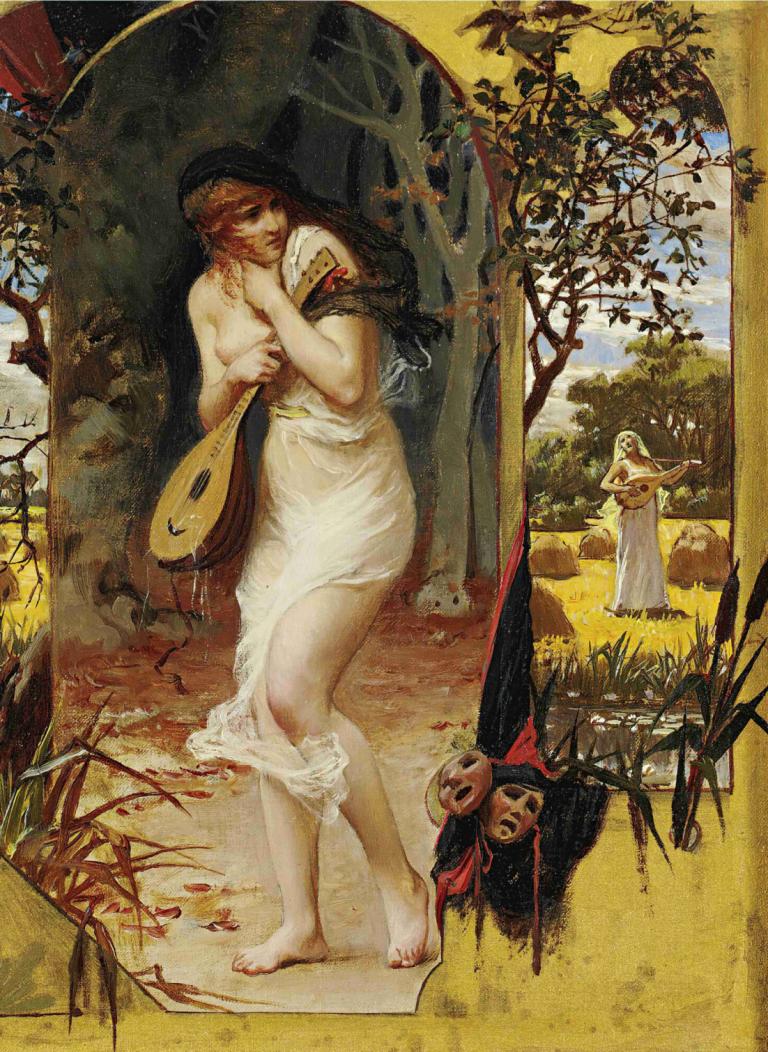 La Cigale,Frederick Arthur Bridgman,Ölgemälde,Ölgemälde, Kunstparodie, Instrument, barfuß, Baum, Parodie