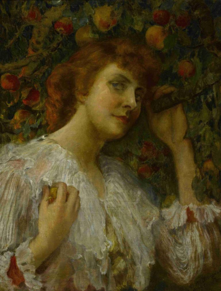 Lady with Peaches,Dame mit Pfirsichen,Frederick Arthur Bridgman,Ölgemälde,Ölgemälde, 1Mädchen, Solo, Obst