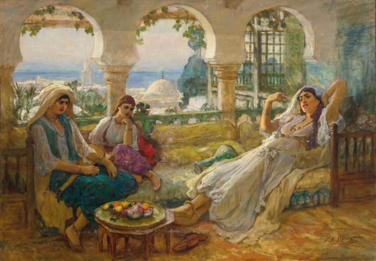 On The Terrace,Auf der Terrasse,Frederick Arthur Bridgman,Ölgemälde,Ölgemälde, mehrere Mädchen, Sitzung