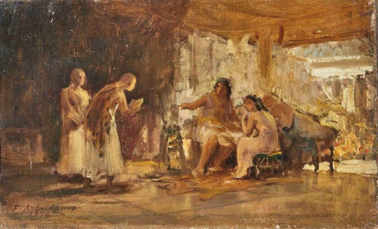 Study Of A Group In An Interior,室内群体研究,Frederick Arthur Bridgman,弗雷德里克-阿瑟-布里奇曼,油画,油画, 坐着, 多个女孩, 美术模仿, 假传统媒体