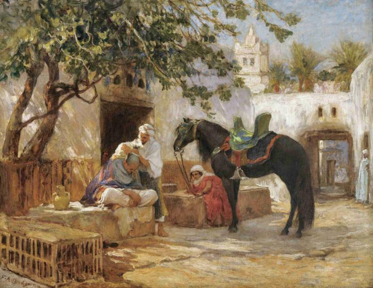 The Barber,理发师,Frederick Arthur Bridgman,弗雷德里克-阿瑟-布里奇曼,油画,油画, 树, 多个男孩, 乐器, 美术模仿, 传统媒体, 绘画（中）, 坐着, 马, 假传统媒体