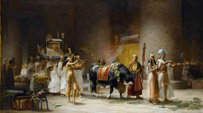 The Procession Of The Bull Apis,公牛阿庇斯的游行,Frederick Arthur Bridgman,弗雷德里克-阿瑟-布里奇曼,油画,油画, 美术模仿, 乐器, 多个男孩, 戏仿