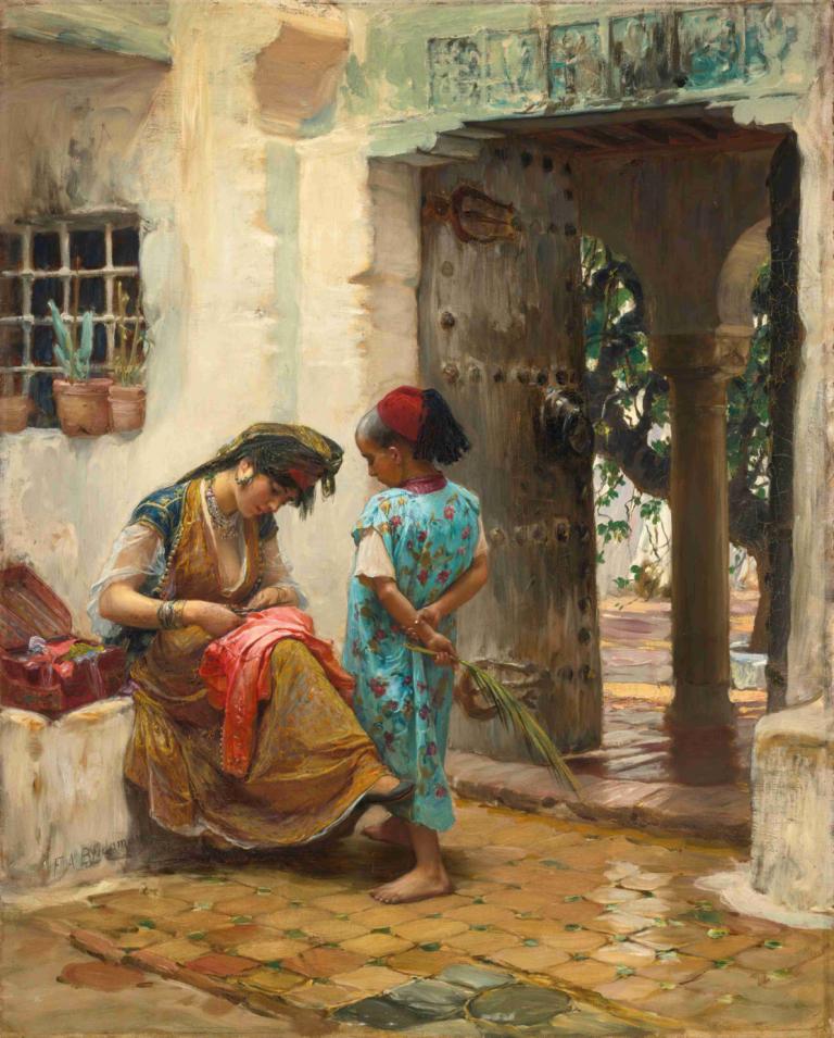 The Sewing Lesson,缝纫课,Frederick Arthur Bridgman,弗雷德里克-阿瑟-布里奇曼,油画,油画, 多个女孩, 2个女孩, 赤脚, 植物, 裙子, 黑发, 短发, 珠宝, 在室内