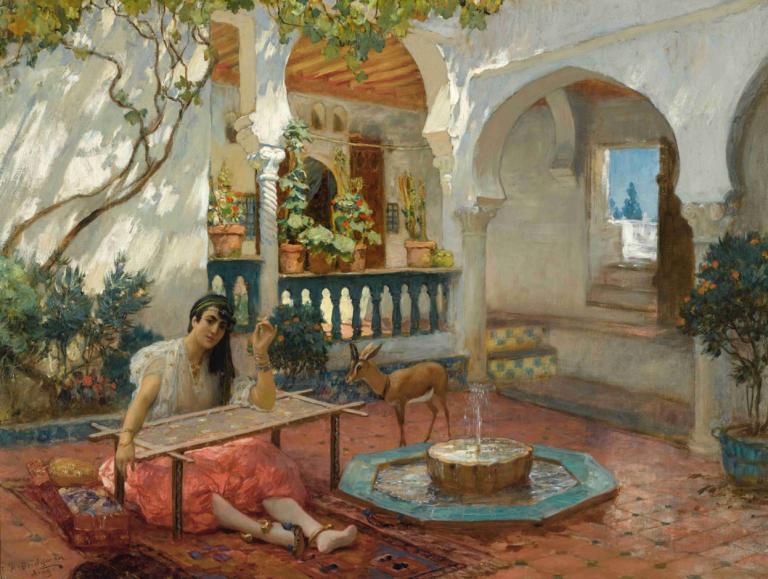 The Weaver,Væveren,Frederick Arthur Bridgman,Oliemaleri,Oliemaleri, 1 pige, smykker, fodlænke, plante