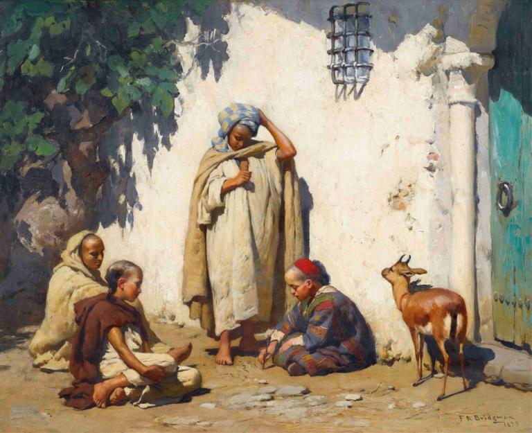 The Young Scribe,Frederick Arthur Bridgman,Oil Painting,Oil Painting, cloak, barefoot, multiple boys, sitting