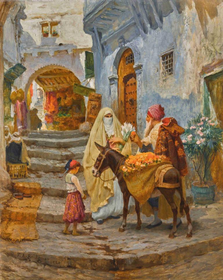 The orange seller,Pelana oranye,Frederick Arthur Bridgman,Lukisan cat minyak,Lukisan cat minyak, bunga