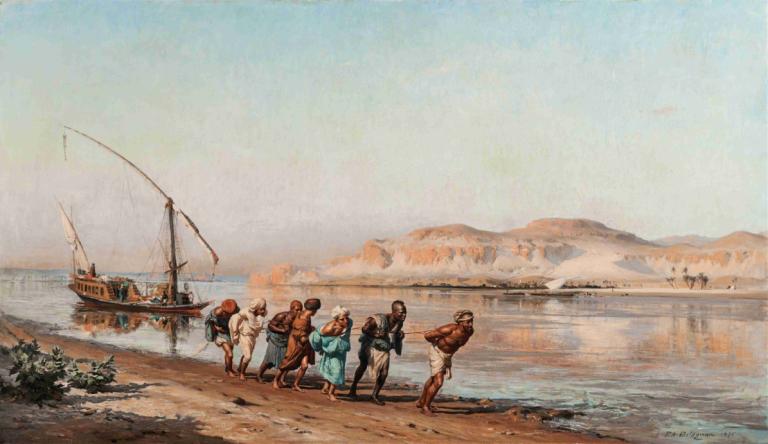 Towing On The Nile,Penarik di Sungai Nil,Frederick Arthur Bridgman,Lukisan cat minyak,Lukisan cat minyak