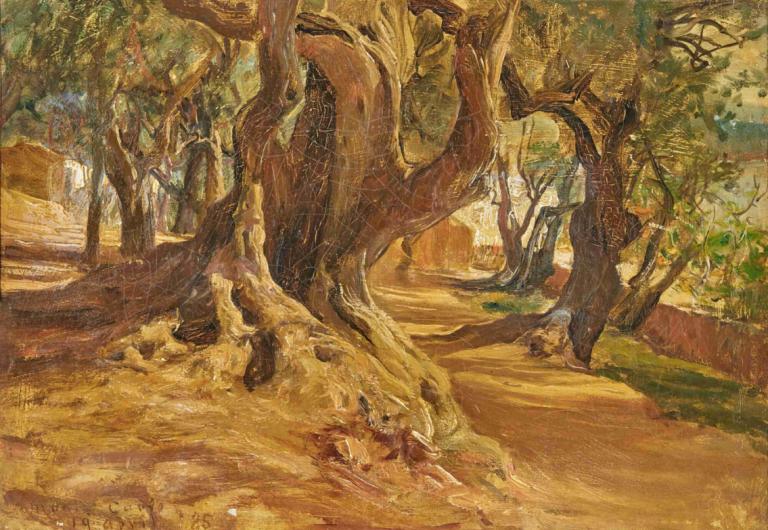 Tree Trunk,树干,Frederick Arthur Bridgman,弗雷德里克-阿瑟-布里奇曼,油画,油画, 树, 风景, 没有人类, 户外, 自然, 传统媒体, 绘画（中）, 森林