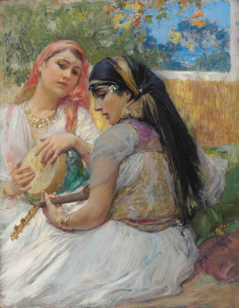 Two young Algerians,Frederick Arthur Bridgman,Oil Painting,Oil Painting, 2girls, multiple girls