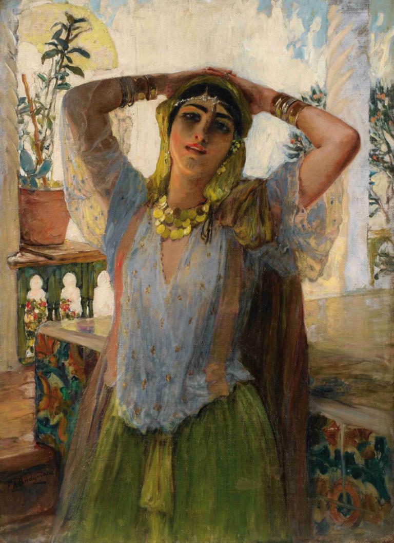 Young Oriental Woman On a Terrace,露臺上的年輕東方女人,Frederick Arthur Bridgman,弗雷德裡克·阿瑟·布裡奇曼,油畫,油畫, 1個女孩, 珠寶, 獨奏, 項鍊