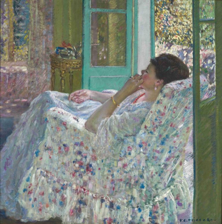 Afternoon - Yellow Room,Frederick Carl Frieseke,Oil Painting,Oil Painting, 1girl, solo, jewelry, bracelet