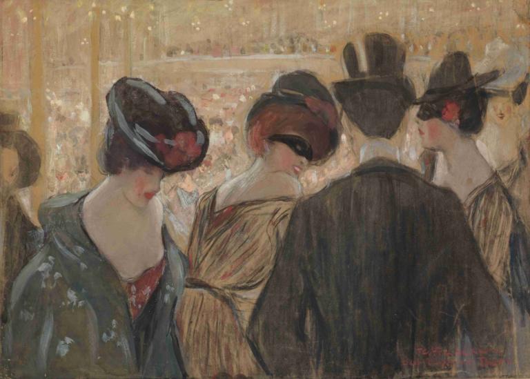 Bal-Bullier, Paris,Frederick Carl Frieseke,Oil Painting,Oil Painting, hat, black headwear, multiple boys