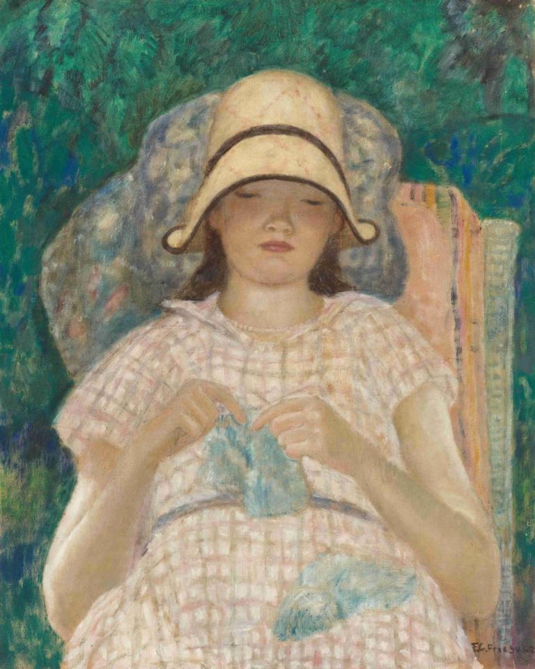 Girl Knitting,Frederick Carl Frieseke,Oil Painting,Oil Painting, 1girl, solo, closed eyes, realistic