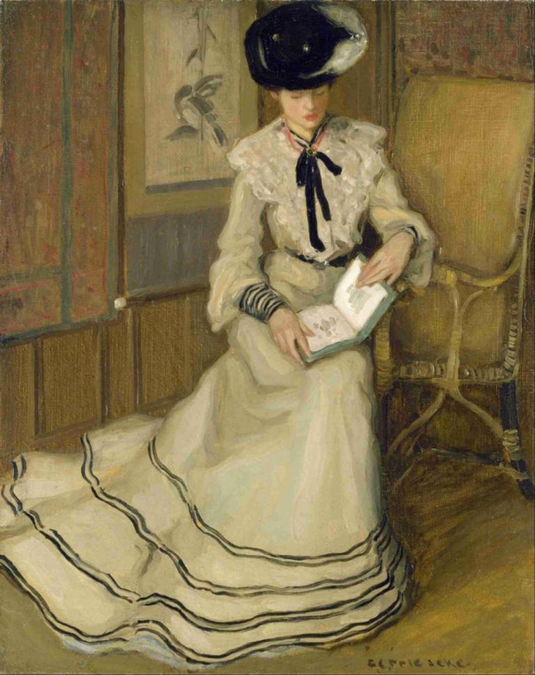 Girl Reading,Mädchen lesen,Frederick Carl Frieseke,Ölgemälde,Ölgemälde, 1Mädchen, Solo, Kleid, Buch, Hut