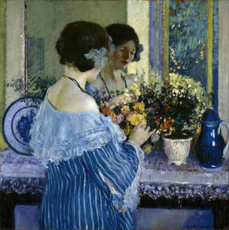 Girl in Blue Arranging Flowers,Mädchen in Blau arrangiert Blumen,Frederick Carl Frieseke,Ölgemälde,Ölgemälde