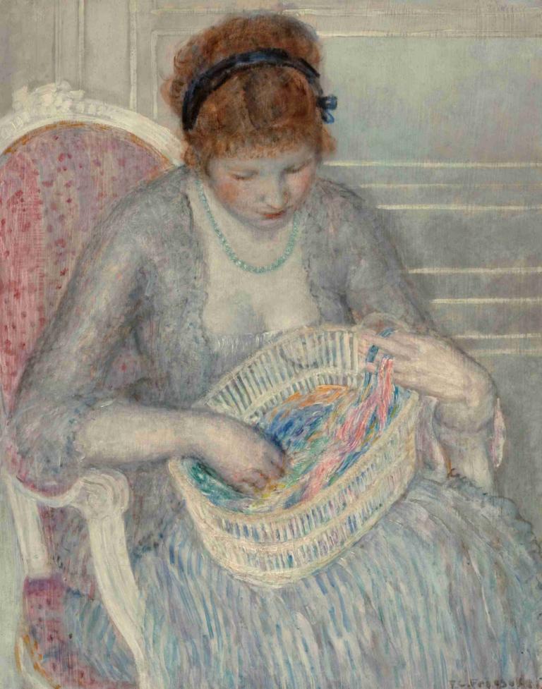 Girl with a Basket of Ribbons,Mädchen mit einem Korb voller Bänder,Frederick Carl Frieseke,Ölgemälde