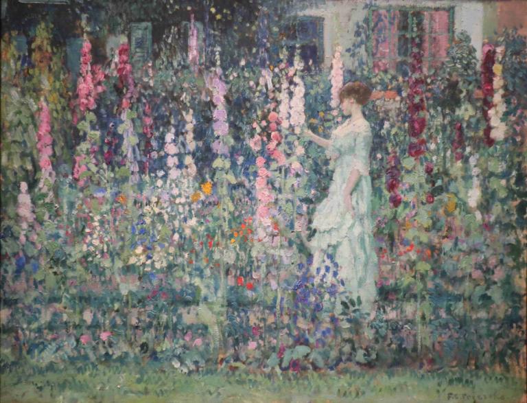 Hollyhocks,Frederick Carl Frieseke,Oil Painting,Oil Painting, 1girl, solo, dress, flower, white dress