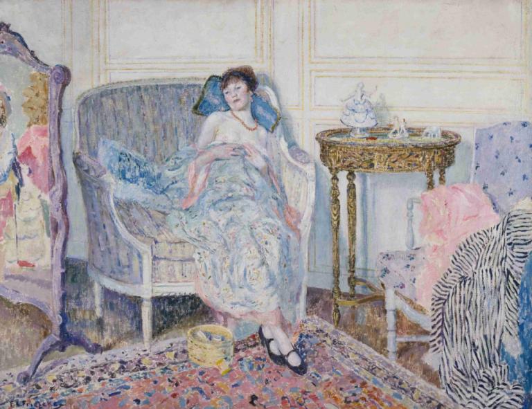 In the Boudoir,Frederick Carl Frieseke,Oil Painting,Oil Painting, 1girl, solo, black footwear, shoes, chair