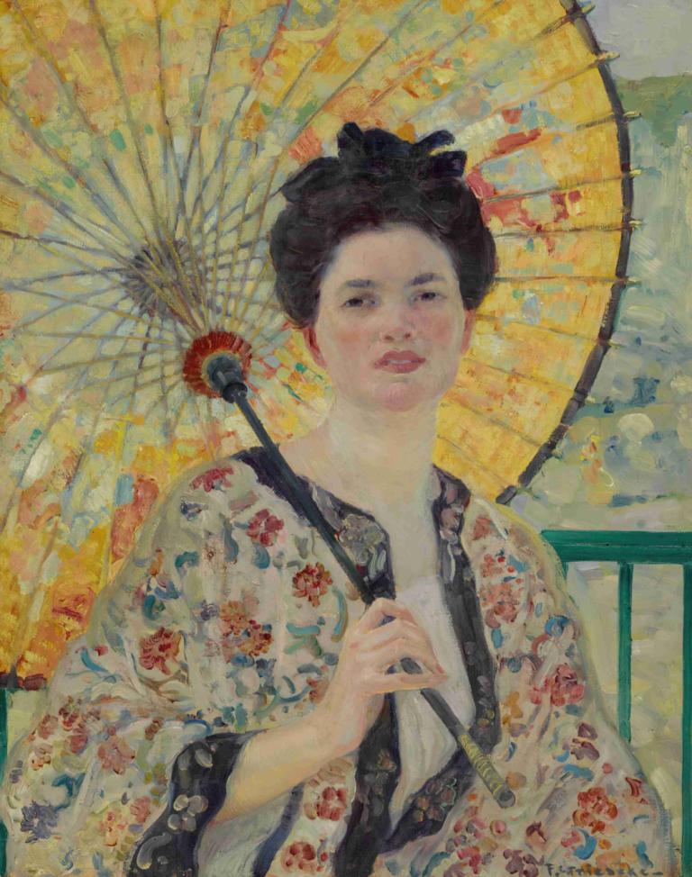 Japanese Parasol,Payung Jepang,Frederick Carl Frieseke,Lukisan cat minyak,Lukisan cat minyak, 1 gadis, payung