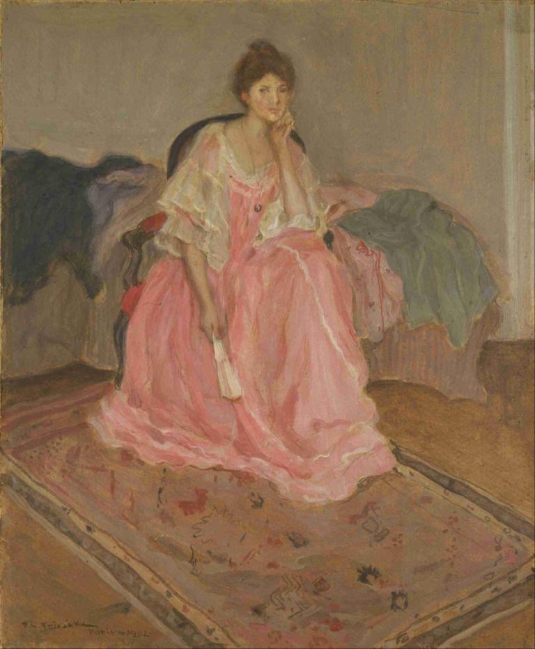 Lady in Pink,Frederick Carl Frieseke,Ελαιογραφία,Ελαιογραφία, 1 κορίτσι, μονοφωνία, φόρεμα, ροζ φόρεμα