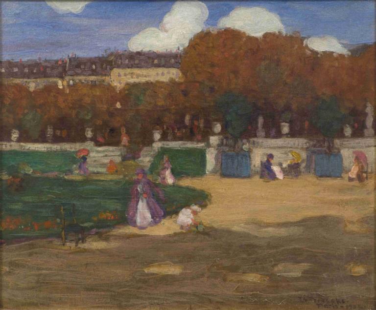 Luxembourg Gardens, Paris,リュクサンブール公園、パリ,Frederick Carl Frieseke,フレデリック・カール・フリースケ,油絵,油絵, 屋外, 複数の女の子