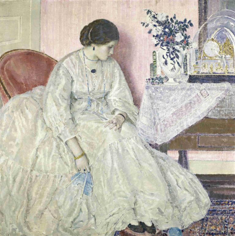 Memories,Frederick Carl Frieseke,Oil Painting,Oil Painting, 1girl, dress, solo, jewelry, white dress, sitting