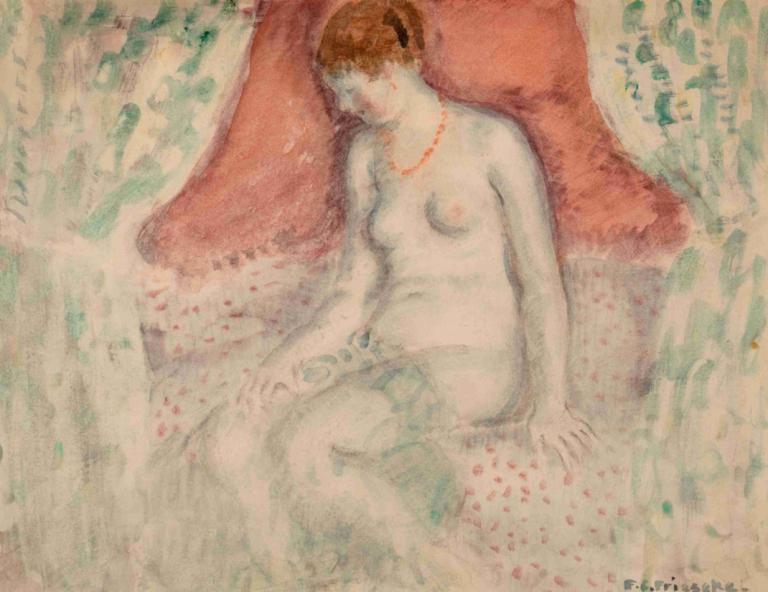 Nude,Frederick Carl Frieseke,Ölgemälde,Ölgemälde, 1Mädchen, Solo, Brustwarzen, Brüste, Halskette, nackt