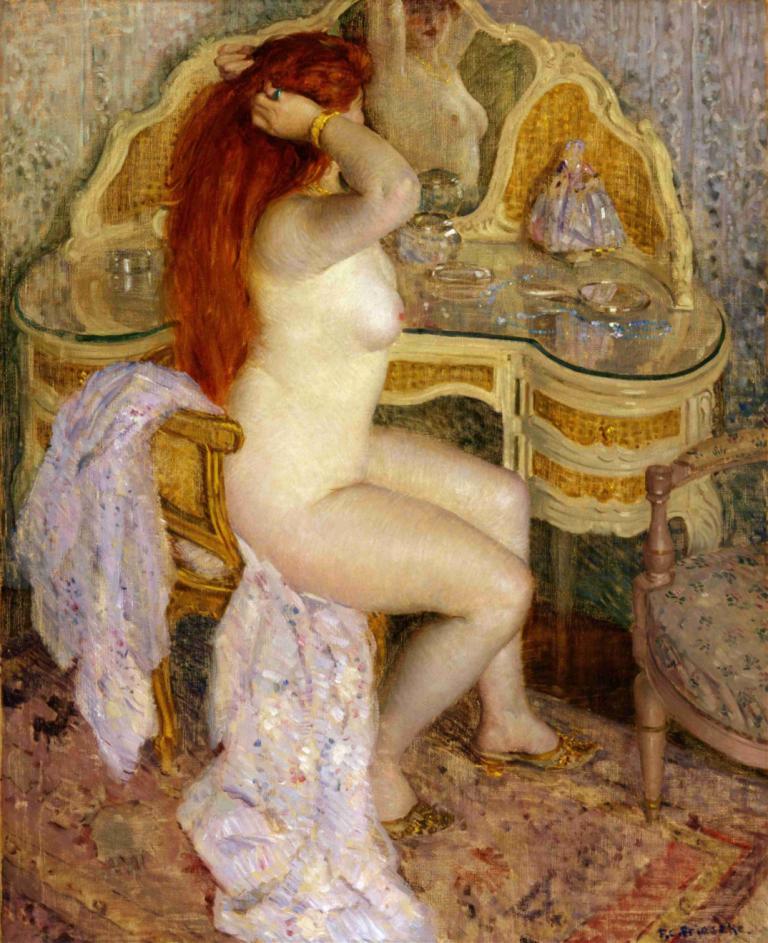 Nude Seated at Her Dressing Table,Nackt am Frisiertisch sitzend,Frederick Carl Frieseke,Ölgemälde,Ölgemälde