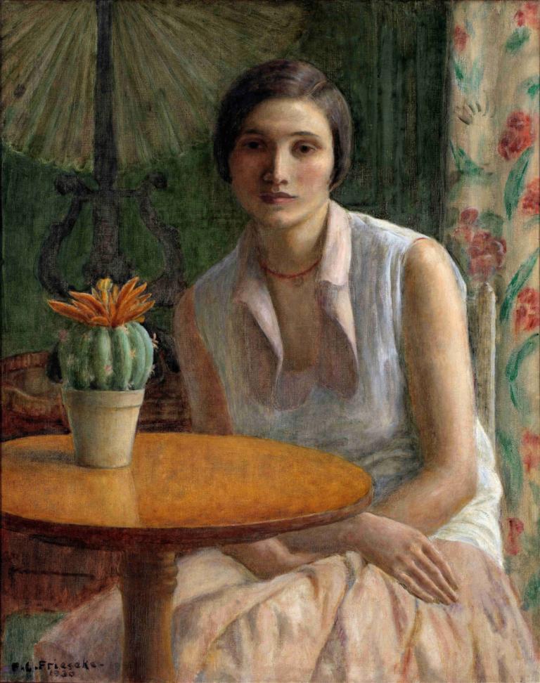 Portrait of a Woman (with Cactus),Porträt einer Frau (mit Kaktus),Frederick Carl Frieseke,Ölgemälde,Ölgemälde